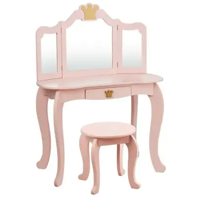 Costzon 2 in 1 Vanity Set for little Princess, Pretend Beauty Dressing Play Toy Gift w/Tri-Folding Detachable Mirror Storage...