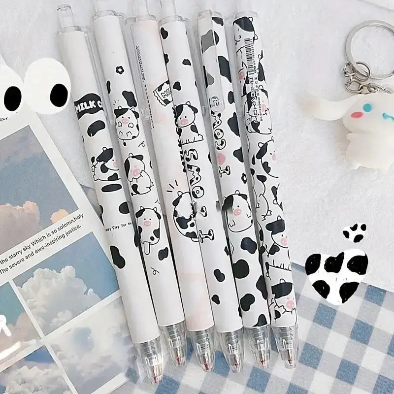 Cute Cartoon Cow Pattern Press Type Gel Pen, 6pcs 0.5mm Writing Pen, School Accessories Stationery Supplies for Students Home...