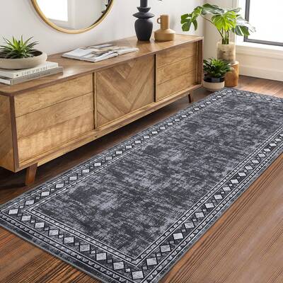 Garvee Bordered Grey 2x6 Washable Modern Geometric Area Rug for Living Room Bedroom - Low Pile, Non-Slip, Soft Polyester - Di...