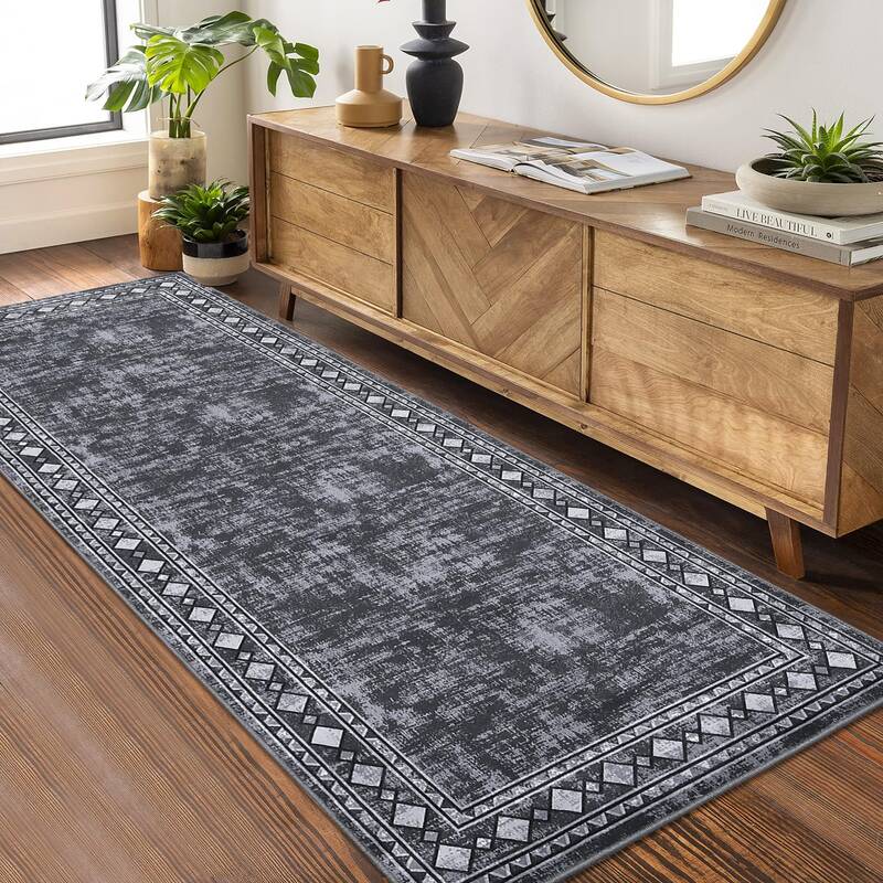 Garvee Bordered Grey 2x6 Washable Modern Geometric Area Rug for Living Room Bedroom - Low Pile, Non-Slip, Soft Polyester - Di...