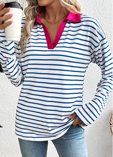 Modlily White Striped Long Sleeve Split Neck T Shirt - XL