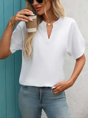 Women's Solid Notched Neck Split Sleeve Blouse, Fashion and Trends Casual Drop Shoulder Half Sleeve Top for Summer, Ladies Cl...