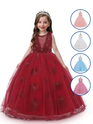 Girl's Floral Embroidery Tulle Formal Dress, Elegant A Line Dress for Party Wedding Guest, Kids Clothes for All Seasons