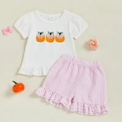 Toddler Baby Girl Halloween Outfit Bow Pumpkin Embroidered Short Sleeve Tops Striped Elastic Waist Ruffle Shorts 2 Piece Set