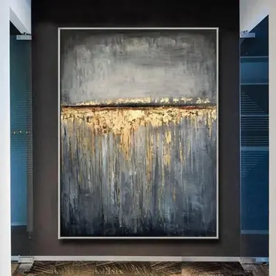 Large Abstract Grey Paintings On Canvas Gold Simple Fine Art Minimal Wall Art for Hotel Decor | GOLD RAIN