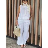 Simple Cotton Linen Women's Suits Summer Fashion Sleeveless Loose Blouse Wide Leg Pants Two Piece Set For Women Casual Outfit...