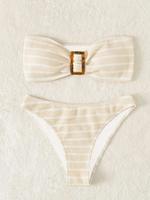 Two-Piece Set Women's Striped Print Buckle Decor Bikinis Set, Casual Bandeau Bikini Top & High Cut Swim Panty Set, Swimsuit f...