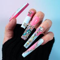 Glitter Rhinestone Decor Fake Nail & Tape & File, 10pcs Long Square False Nail for Women & Girls, Effortless Press On Nail Ma...