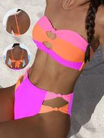 Popvil Bandeau Color Block Knot Cutout Neno Bikini Set,Tummy Control High Waisted Swimsuit with Removable Strap, Neon Bathing...
