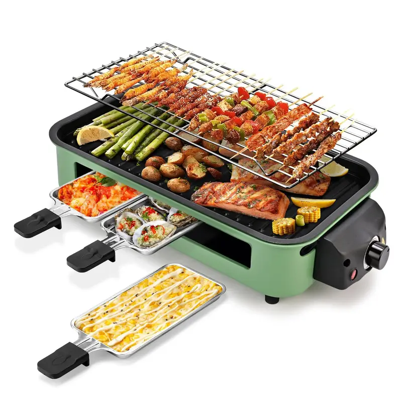 Pukomc Green Indoor Smokeless Grill, Non-Stick Cooking Removable Plate, Portable Electric Korean BBQ Grill with Temperature C...