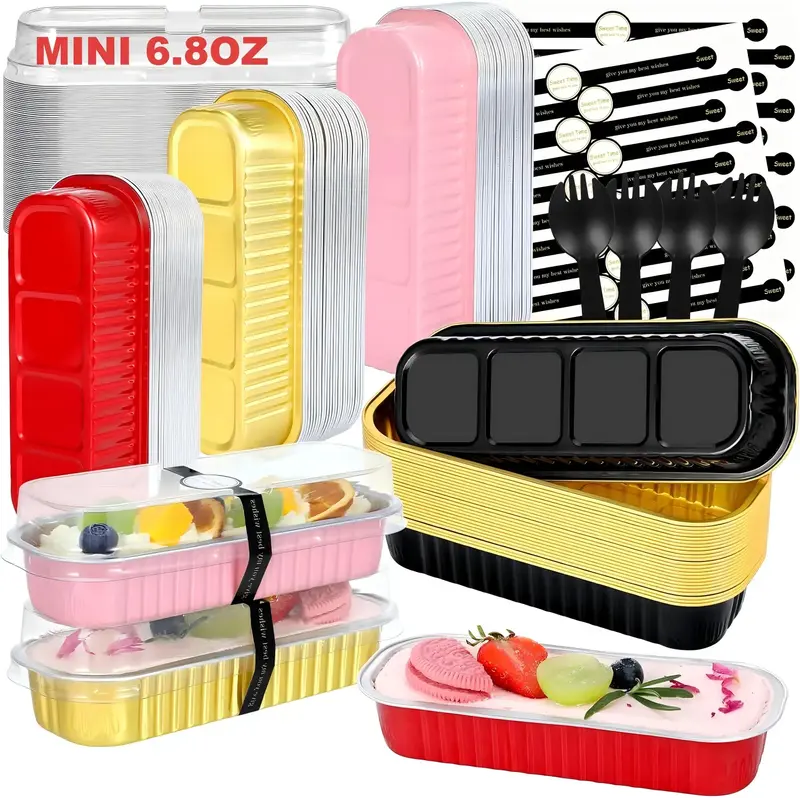 Mini Loaf Pans with Lids and Spoons (100 Pack, Mixed color, 6.8oz) Rectangular Aluminum Foil Baking Pans