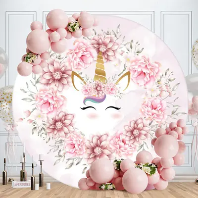 Aperturee Round Unicorn Flower Happy Birthday Backdrop