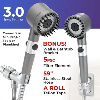 High Pressure Showerhead 3-Speed Adjustable with Filter | One-Touch Pause & Universal Fit | Stainless Steel & ABS for Long-La...
