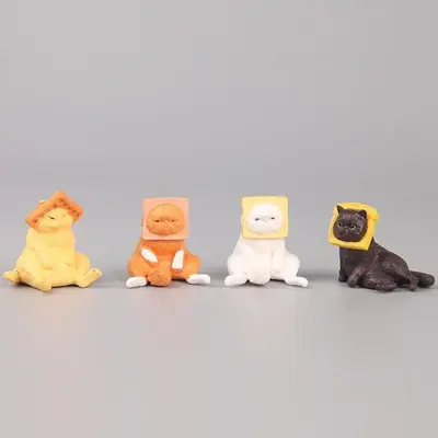 Cartoon Toast Head Cat Design Decoration, 4pcs Cute Cat & Toast Figurine Miniatures Finger Toys for Kids, Desktop Decoration ...