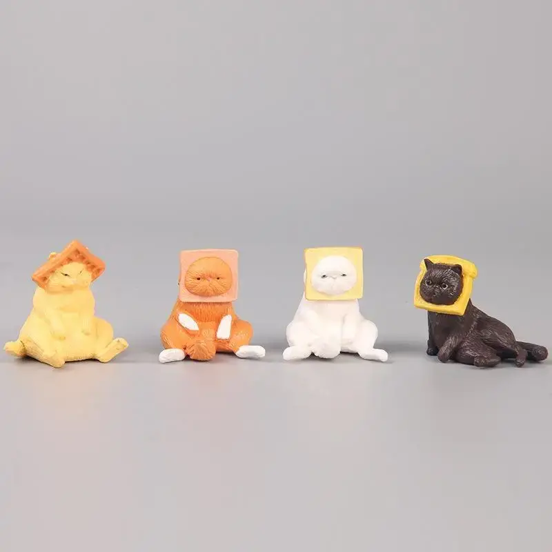 Cartoon Toast Head Cat Design Decoration, 4pcs Cute Cat & Toast Figurine Miniatures Finger Toys for Kids, Desktop Decoration ...