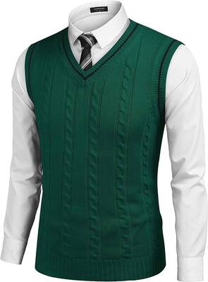 V Neck Sleeveless Knitted Pullover Vest Sweater (US Only), Green / XXL