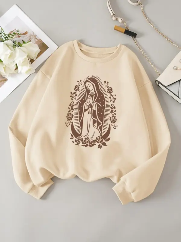 Women's Streetwear Figure Print Longsleeves Crewneck Sweatshirt, Casual Long Sleeve Crew Neck Pullover, Country Outfits, Wo...