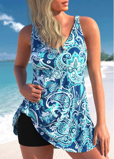 Modlily Paisley Print Wide Strap Blue Swimdress Top - S