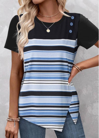 Modlily Black Asymmetry Striped Short Sleeve T Shirt - XL