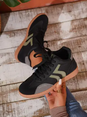 Women's Fashionable Patchwork Lace Up Low Top Sneakers, Casual Comfortable Sports Shoes for Daily Wear, Female All-match Roun...