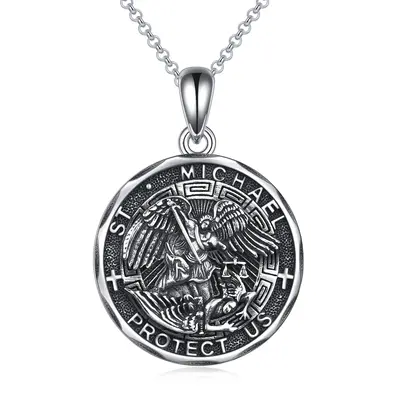 Sterling Silver St Michael Protect Us Pendant Necklace for Men