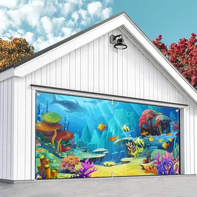 Aperturee Blue Undersea Fish Coral Birthday Garage Door Banner