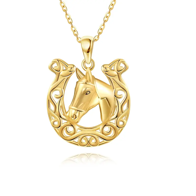 14K Yellow Gold Horse & Horseshoe Pendant Necklace
