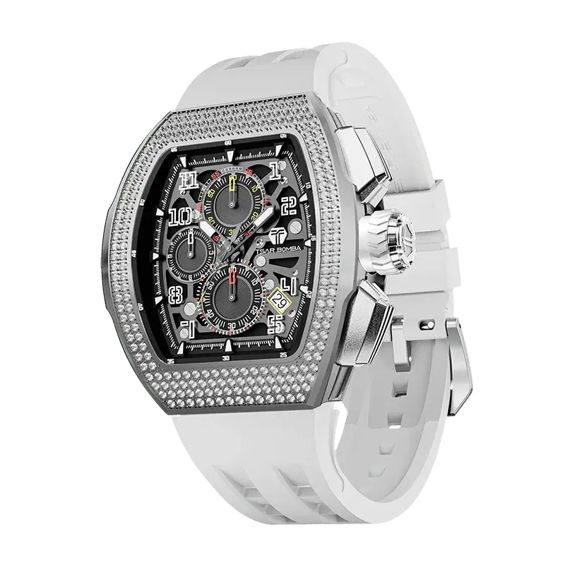 TSAR BOMBA Men's Quartz Watch | White | Atomic TB8214 | Cubic Zirconia Bezel | Luxury Sport Watch | 50M Waterproof Sapphire G...