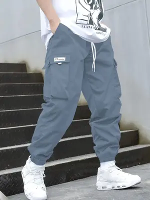 Boy's Letter & Figure Patched Drawstring Cargo Pants, Casual Elastic Waist Flap Pocket Trousers for Outdoor Hiking, Kids Bott...