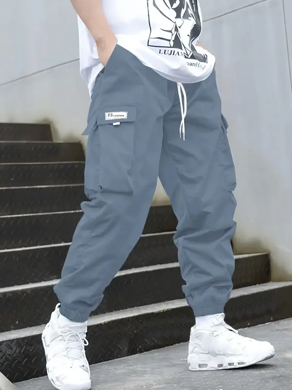 Boy's Letter & Figure Patched Drawstring Cargo Pants, Casual Elastic Waist Flap Pocket Trousers for Outdoor Hiking, Kids Bott...