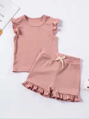 Toddler Girl's Butterfly Sleeve Top & Bow Decor Ruffle Shorts Set, Summer Clothes, Cute Two-piece Outfits for Summer, Kids Cl...