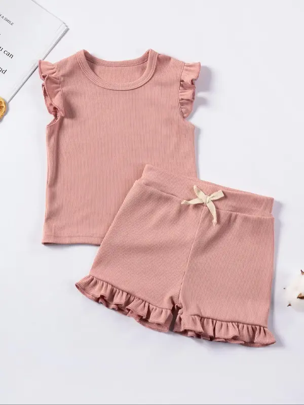 Toddler Girl's Butterfly Sleeve Top & Bow Decor Ruffle Shorts Set, Summer Clothes, Cute Two-piece Outfits for Summer, Kids Cl...