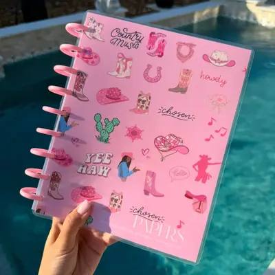 DISC-bound Budget Book - 12mo Undated with Pink Cover, Spiral Binding, and Country Music & Papers Designs