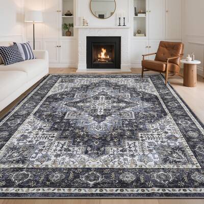 Garvee Washable Floral 5x7 Rugs Vintage Distressed Non Slip Area Rug for Living Room Bedroom Nursery, Blue