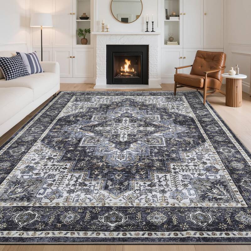 Garvee Washable Floral 5x7 Rugs Vintage Distressed Non Slip Area Rug for Living Room Bedroom Nursery, Blue