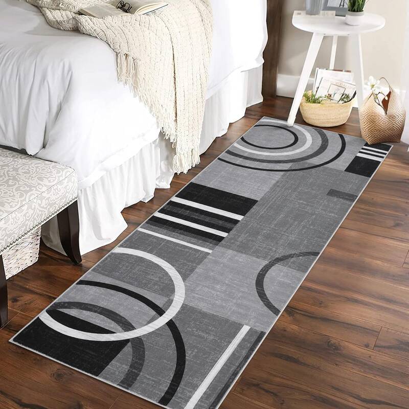 Garvee Modern Grey 2x10 Washable Runner Rug Abstract Geometric Non-Slip Stain-Resistant 100% Polyester Low Pile Durable for H...