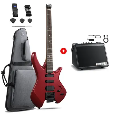 Donner HLX-500 Headless Electric Guitar - Red / Guitar+Amplifer