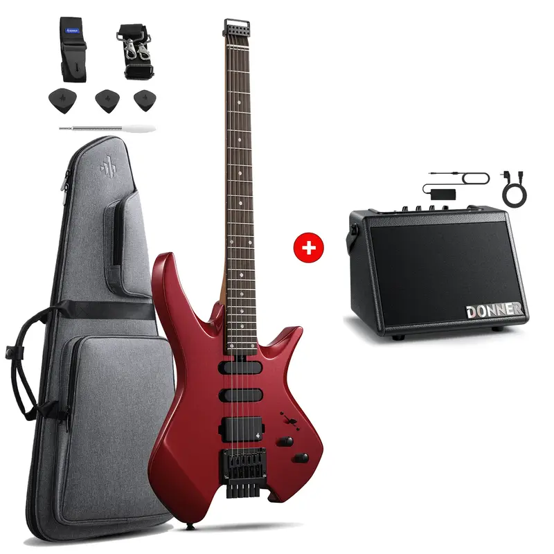 Donner HLX-500 Headless Electric Guitar - Red / Guitar+Amplifer