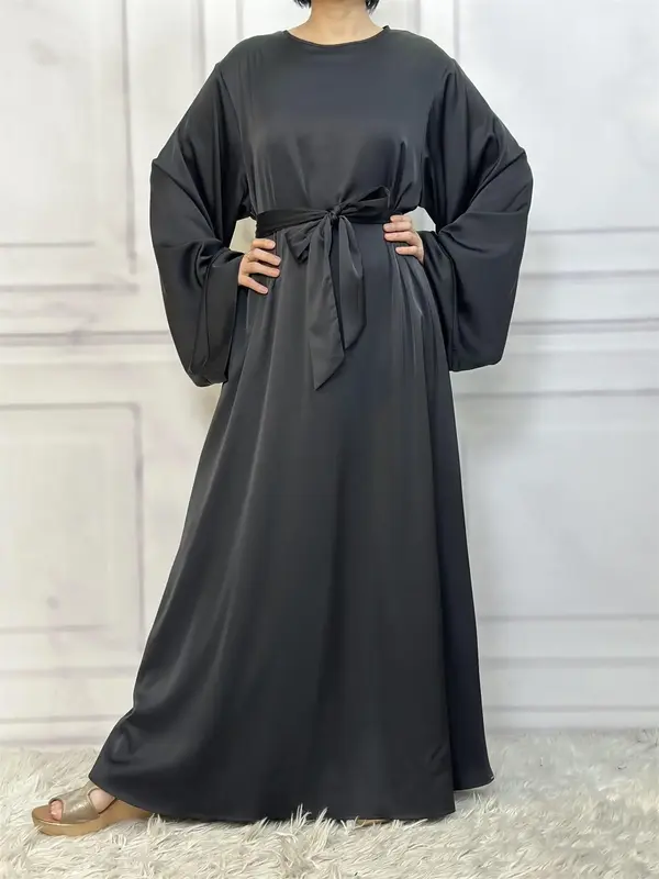 Women's Solid Belted Satin Dress, Casual Long Sleeve Dress for Spring & Fall, Ladies Islamic Clothing for Daily Wear, Modest...