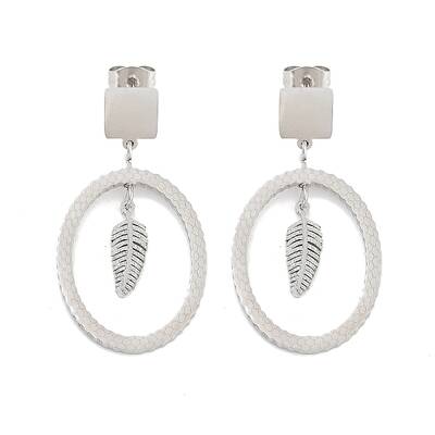 Tarnish Resistant Oval with Leaf 304 Stainless Steel Dangle Earrings