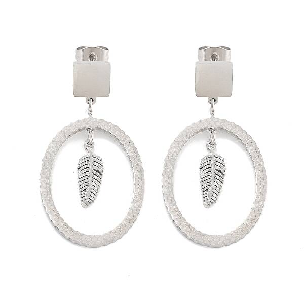 Tarnish Resistant Oval with Leaf 304 Stainless Steel Dangle Earrings