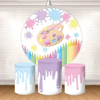 Aperturee Colorful Crayons Palette Kids Round Backdrop Kit | Happy Birthday Round Backdrop Cover | Custom Round Backdrop | Ci...