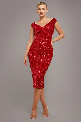 Goddiva Multi Sequin & Velvet Bardot Midi Dress - Red