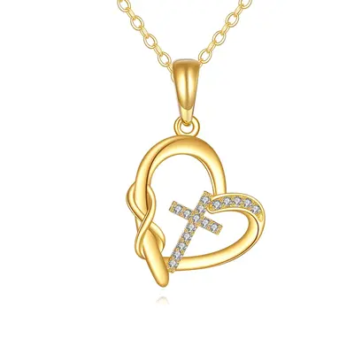 14K Gold Cubic Zirconia Cross & Heart & Infinity Symbol Pendant Necklace