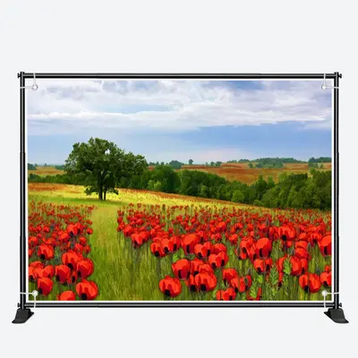 Bright Red Flowers Green Trees Field Spring Backdrop - Aperturee