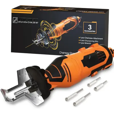 Electric ener Kit - Comes with Chain ener Tool, 4 File Size ening Wheel Bits, Angle Attachment, Wrench & eBook