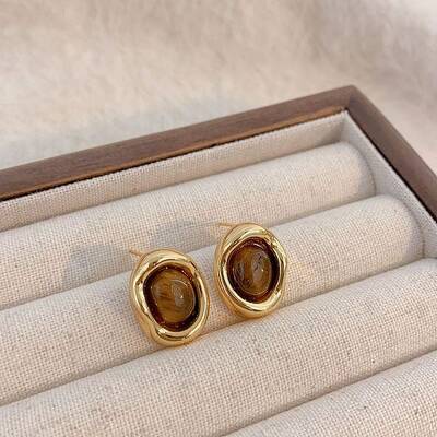 Brass Tiger Eye Stud Earrings