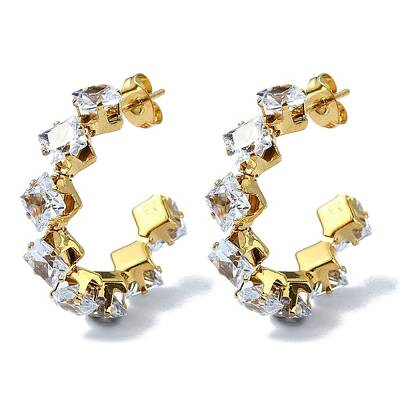 Ion Plating(IP) Golden 304 Stainless Steel Rhombus Stud Earrings with Glass