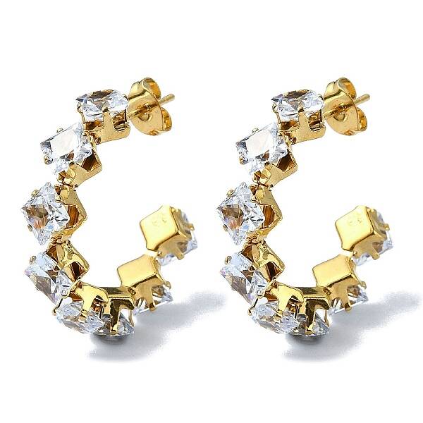 Ion Plating(IP) Golden 304 Stainless Steel Rhombus Stud Earrings with Glass