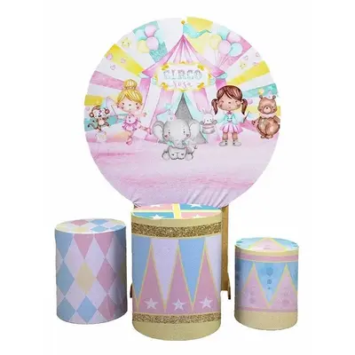 Aperturee Girls And Animals Round Pink Circo Birthday Backdrop Kit | Round Backdrop Stand Covers | Round Party Backdrop | Cir...